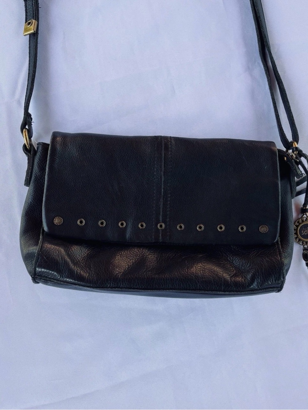 “The Sak” Black LeatherCrossbody Bag with Gold Hardware with Charm